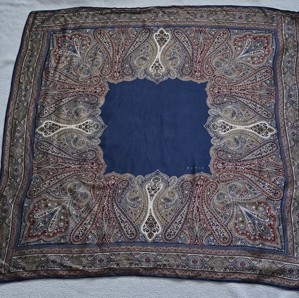 Echo Scarf Silk 100% Paisley Design Fall Colors / Navy